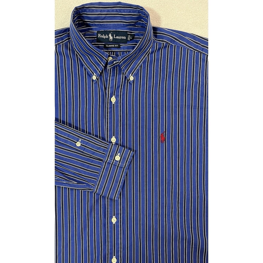 Polo Ralph Lauren L Blue Striped Red Pony Classic Fit L/S Button Down Oxford